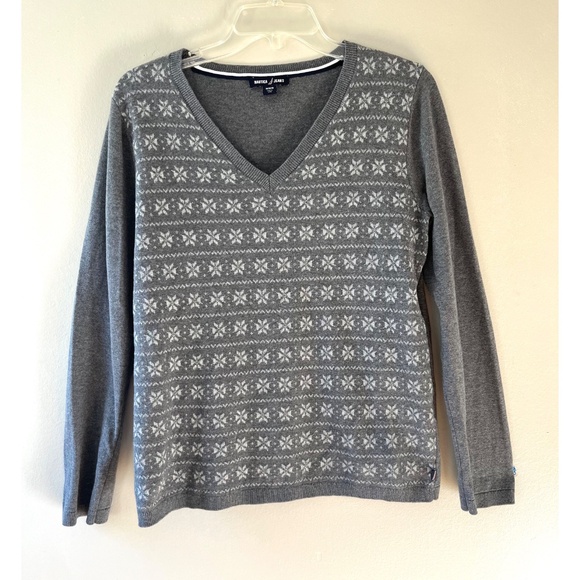 Nautica Sz M Snowflake Print V Neck Gray Sweater Pullover Stretch - Picture 2 of 10